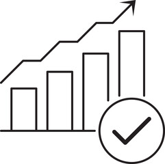 Minimalist line art business growth chart icon with rising bar graph, upward trend line and checkmark symbol for KPI success, performance improvement and positive results, clean vector outline.