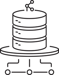 Minimalist outline icon of a central database distributing information to multiple endpoints. Clean  vector for cloud systems, API connections, backend architecture, SaaS data platforms.