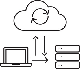 Minimalist outline cloud synchronization icon showing data flow between laptop, cloud storage, and server systems. Upload, download, and sync arrows. Clean vector style for UI