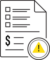 Minimalist invoice due icon featuring a black and white line art document with a yellow warning triangle and exclamation mark, signaling pending or overdue payment.