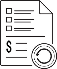 Minimalist black and white line icon of an invoice document with a refund arrow symbol, clean monoline vector style, financial status indicator for UI dashboards, billing workflow, and business apps.