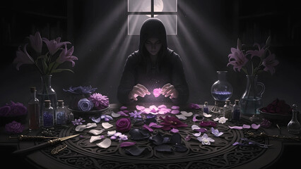 Hooded figure performing a magical alchemy ritual with glowing flower petals. A witch casting a spell to create a potion in a dark room by moonlight. Nocturne Petal Prep 