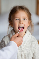 Sweet girl opens her mouth as doctor checks her throat with a swab in a hospital room, capturing a moment of care during a medical check-up