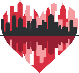 Obraz premium Romantic City Skyline Silhouette in Heart Shape with Urban Reflection Vector Illustration