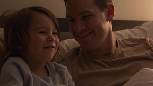 Father and child share a joyful bedtime moment, exchanging smiles and laughter while nestled comfortably in bed, creating a warm and loving atmosphere of connection