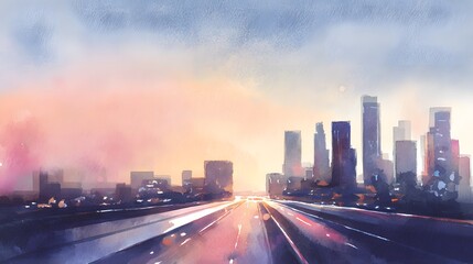 Obraz premium Cityscape Sunset Watercolor Illustration Modern Urban Business Landscape Serene Perspective