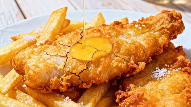 Fried fish and chips with honey