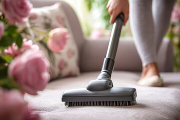 A woman in light gray pants uses a vacuum cleaner on a sofa in a bright living room filled with flowers, focusing on keeping the space tidy and clean