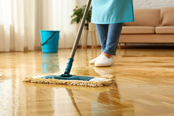 Fototapeta premium A professional cleaner in uniform carefully mops a newly polished parquet floor in a well-lit room, creating a clean and inviting space with pastel tones