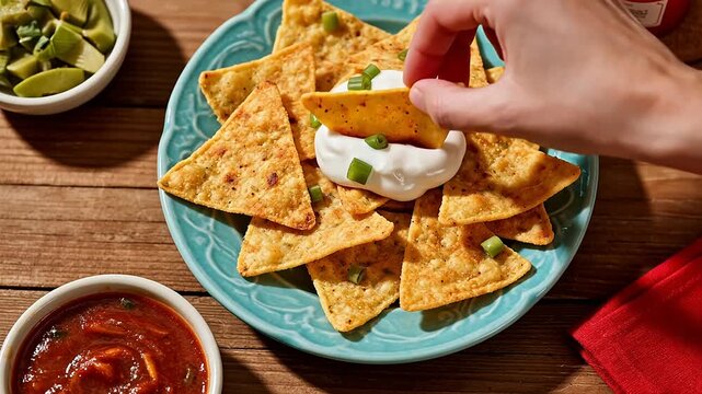 Tortilla chips with sour cream and salsa