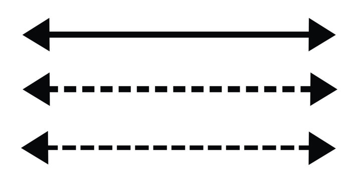 Horizontal left right arrow set. Solid and dashed line arrows in minimal flat style. Direction and navigation indicator design. Vector illustration