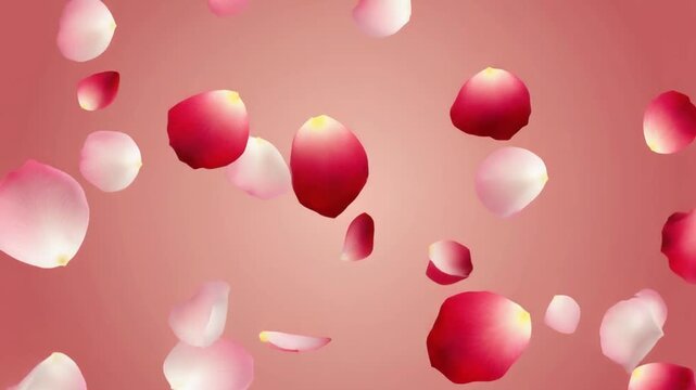 Red and pink rose petals gently falling against a soft pink background, creating a romantic and delicate atmosphere.