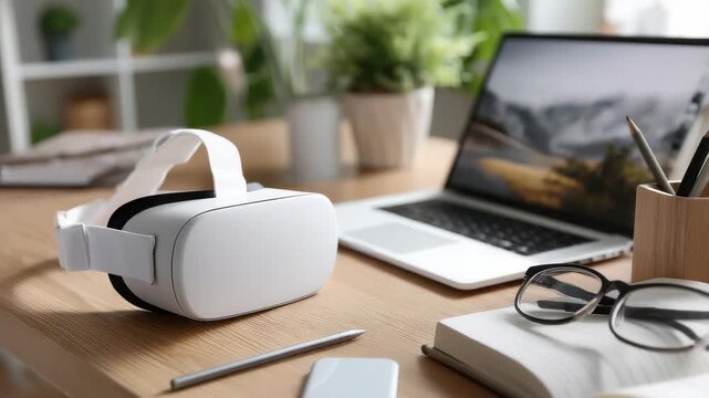 Virtual reality headset and laptop on a wooden desk, modern workspace setup