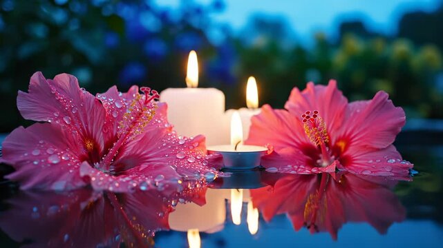 Pink hibiscus flowers float on water with candles burning. Spa setting shows hibiscus and candle reflections. Water drops on flower petals. Relaxation with floating flowers and candle light.