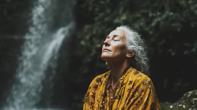 Serene Meditation by Waterfall: An elderly person practices mindful meditation near a majestic waterfall, embodying tranquility and inner peace. Their eyes are gently closed.