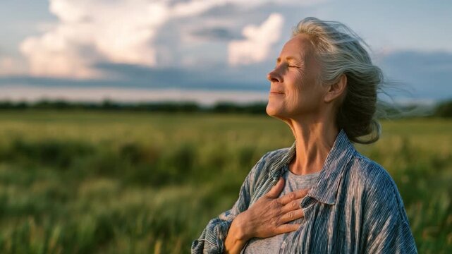 Basking in Serenity: A silver-haired woman embraces the tranquility of the moment, inhaling the fresh air with closed eyes and a hand over her chest in a wide meadow. Capturing pure zen feeling.
