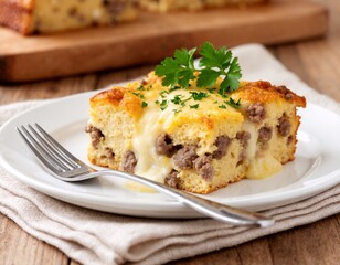 A piece of breakfast casserole on a plate with a fork