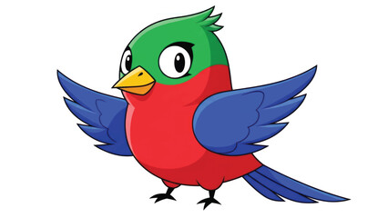 Colorful cartoon parrot character with red body blue wings and green head in playful illustration.