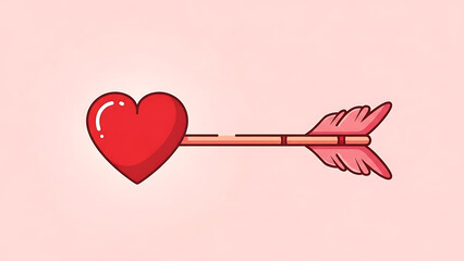 Red heart pierced by arrow illustration on soft pink background. Symbolic love and cupid
