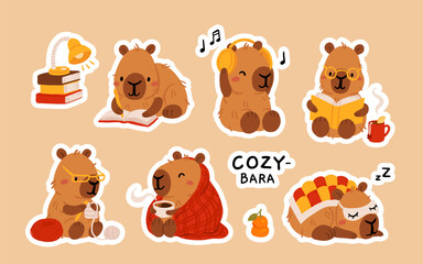Fototapeta premium Cozy Capybara Hygge Set with Coffee, Books, Knitting and Relaxing Home Activities, Cute Flat Vector Cartoon Stickers Collection