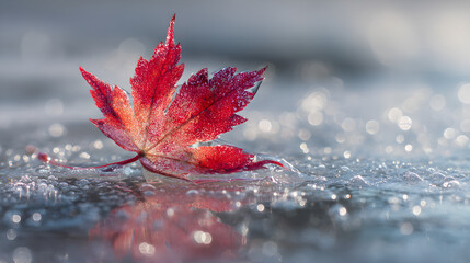 Close up of a single vibrant red maple leaf with water droplets resting on a reflective wet surface, evoking a sense of autumn's delicate beauty and freshness