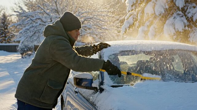 Young man scraping ice and brushing snow from car windshield on sunny frosty morning. Perfect for winter maintenance and transportation themes.