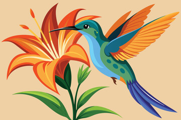 Obraz premium Hummingbird perched on orange lily flower illustration