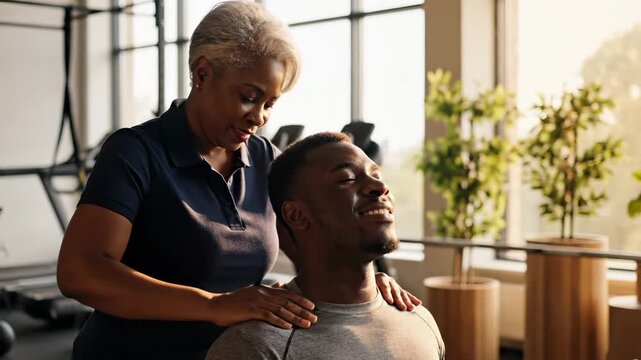 Therapist gives shoulder massage to man in wellness spa during therapy session. Woman massages relaxed client shoulders. Professional therapist provides massage therapy at wellness center.