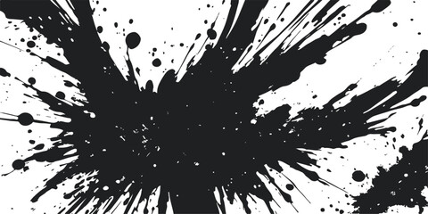 Abstract grunge background featuring a black ink splat and liquid paint splatter vector with dirty texture stains and artistic brush drip elements on a white silhouette design