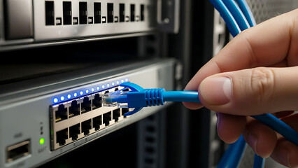 Close up of a technician connecting a blue ethernet cable to a server rack in a data center environment