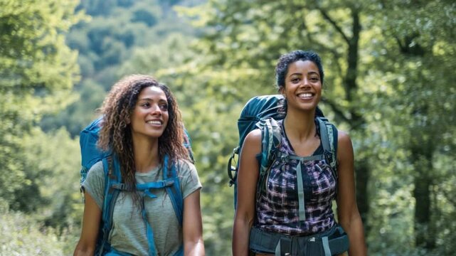 Journey of Joy: Two female hikers, radiating pure joy, embark on a scenic trail adventure through a verdant forest.  They carry backpacks as they head into nature 