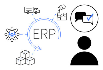 ERP in center with gear, factory, truck, cube, user silhouettes, and dialogue bubbles emphasizing supply chain, resource planning, collaboration and decision-making. Ideal for software business