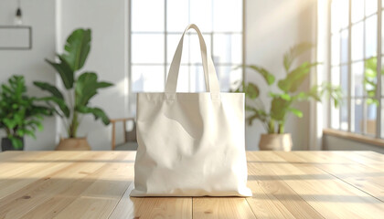 Stylish blank tote bag mockup on a wooden table, perfect for showcasing your designs in a bright, natural light setting
