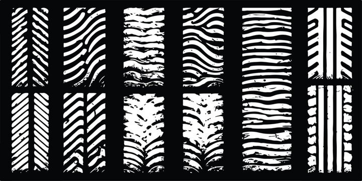 Seamless black tire track vector pattern set featuring car and truck tread textures for auto wheel print design on a white road background
