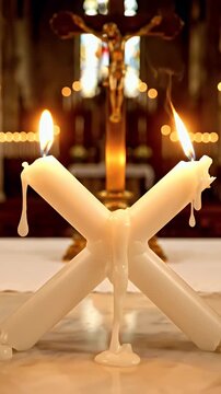 Christian Feast of Saint Blaise church altar with crossed candles in empty sanctuary