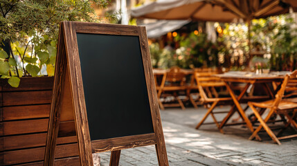 Elegant black notice board awaits creative menu ideas at a lively outdoor dining space, surrounded by wooden tables and lush greenery in soft evening light