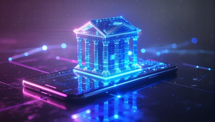 Digital Bank Building on Smartphone Screen.