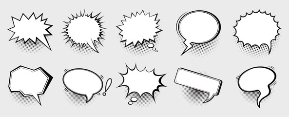 Set of speech bubbles with black halftone shadow effects. Vector illustration