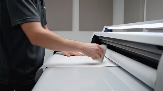 Skilled technician operates a large format printer, smoothly feeding paper while preparing for a print job, showcasing the precision and care in the printing process