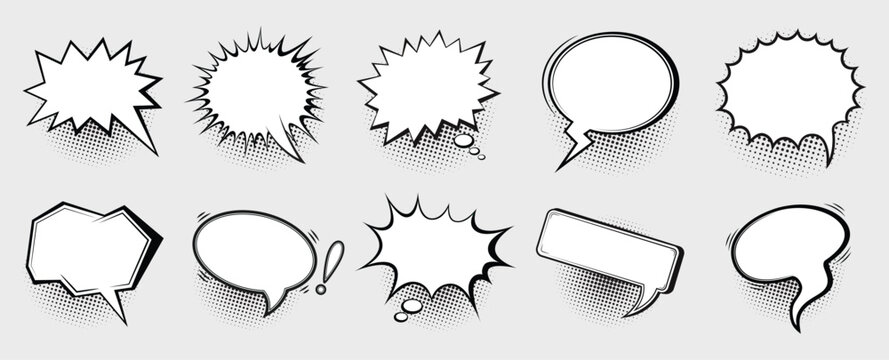Set of speech bubbles with black halftone shadow effects. Vector illustration