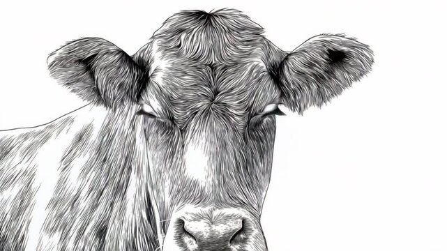 Detailed black and white sketch of a cow's face on a white background