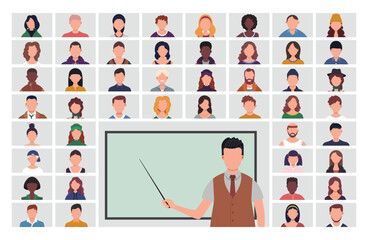 Online classroom video conference with teacher and students. Distance education concept vector illustration