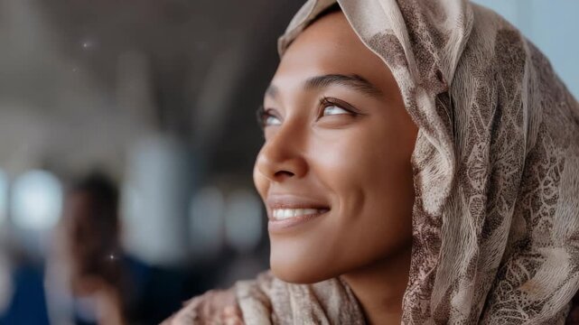 Smiling Muslim woman wearing a hijab, looking to the side with a gentle expression