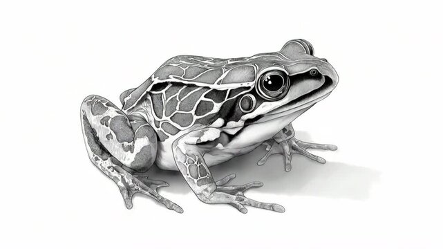 Detailed black and white illustration of a frog with intricate patterns