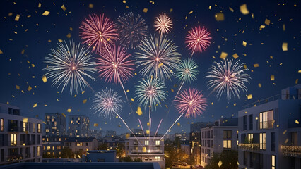 Spectacular fireworks display illuminating the night sky over a modern cityscape, creating a festive and celebratory atmosphere