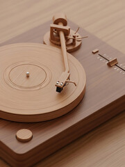 Vintage wooden record player on a wooden table