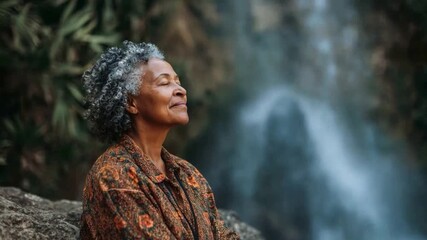 Inner Peace at the Waterfall: An elderly woman with serene closed eyes takes in the revitalizing air and tranquility beside a cascading waterfall, a portrait of inner serenity and harmony.