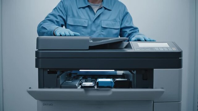 Technician in blue gloves performs maintenance on a multifunction printer, removing components and ensuring optimal functionality in a modern office environment