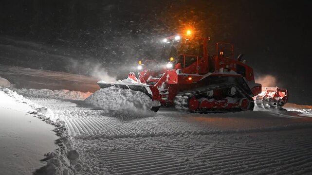 Red snowcat groomer smoothes the snow on a ski slope at night during a snowfall. The machine's bright lights illuminate the fresh powder, preparing the track for winter sports and skiing.