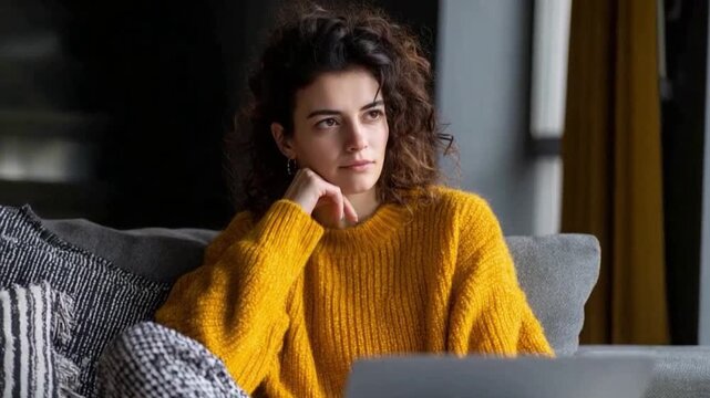 Thoughtful Moments: A woman, lost in thought, finds solace in her home environment, a picture of contemplation and serenity. - Powered by Adobe